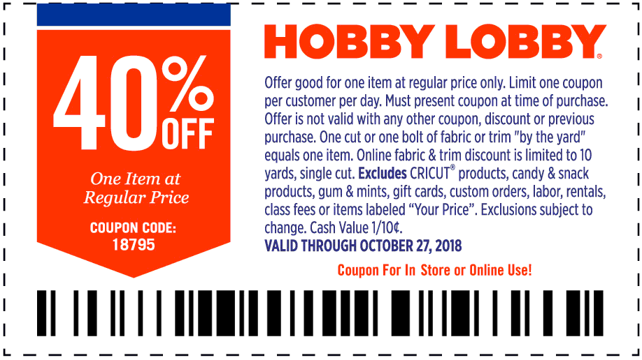 Hobby Lobby Coupon April 2024 40% off a single item at Hobby Lobby, or online via promo code 18795