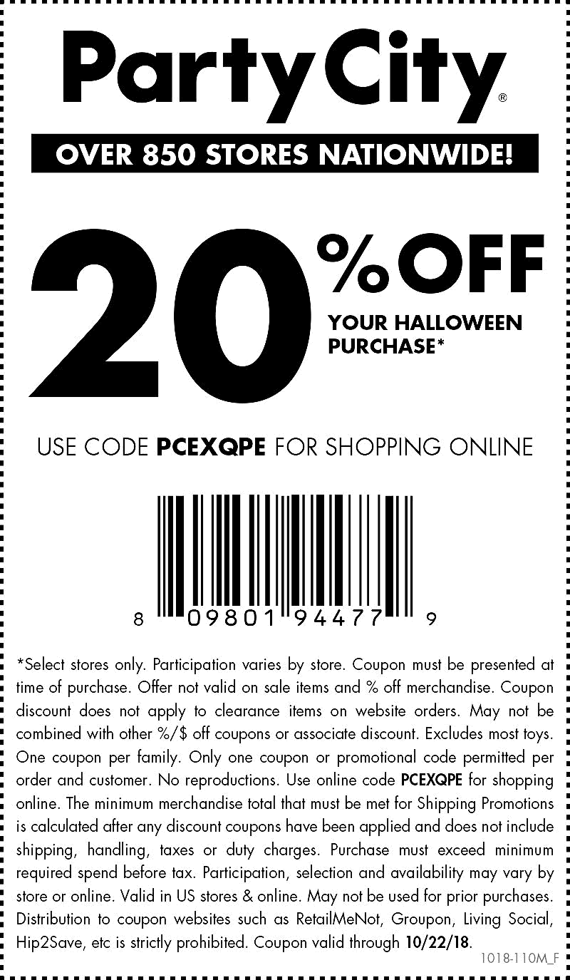 Party City Coupon April 2024 20% off Halloween today at Party City, or online via promo code PCEXQPE