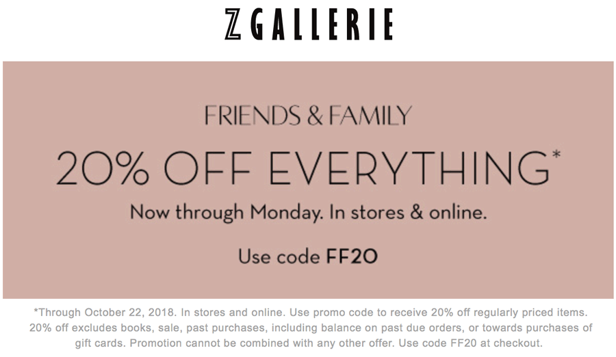 Z Gallerie Coupon April 2024 20% off everything today at Z Gallerie, or online via promo code FF20
