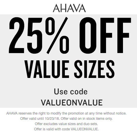 AHAVA Coupon April 2024 25% off value sizes today at AHAVA via promo code VALUEONVALUE