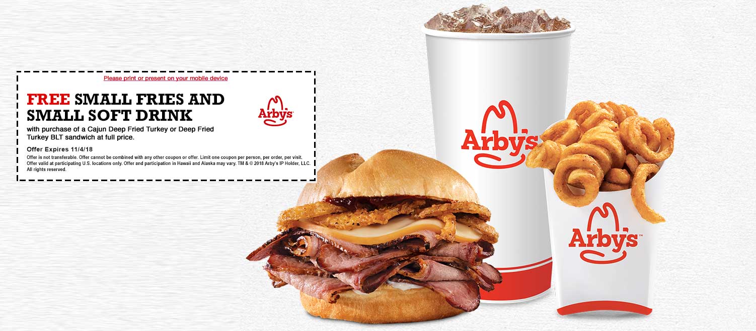 Arbys Coupon May 2024 Free fries & drink with your fried turkey sandwich at Arbys