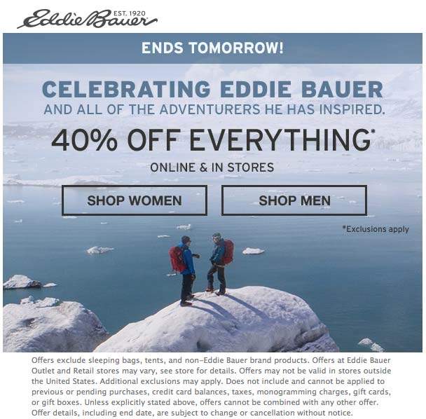 Eddie Bauer Coupon April 2024 40% off everything today at Eddie Bauer, ditto online