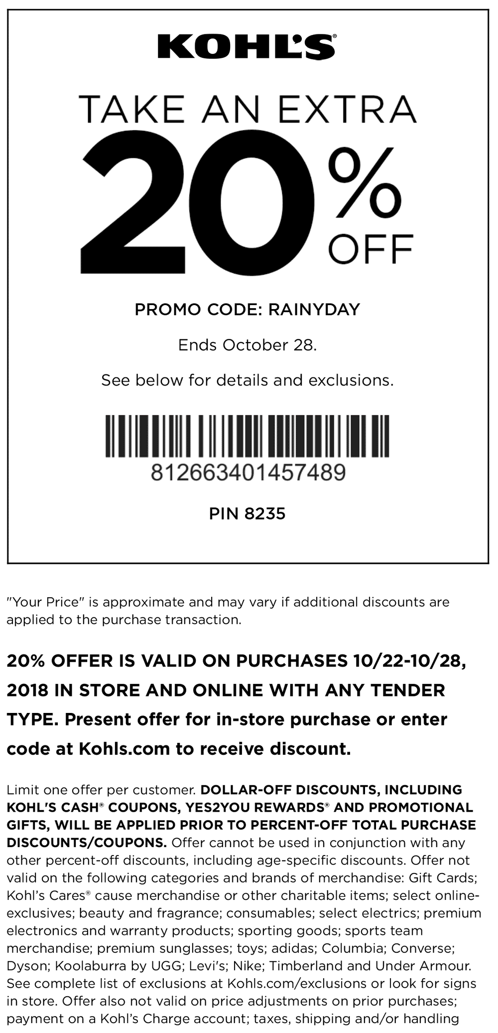 Kohl's 20% off Coupon (good in-store & online) No exclusions 