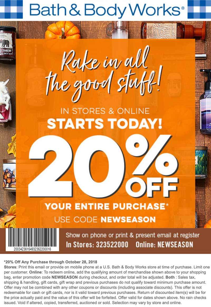 Bath & Body Works Coupon April 2024 20% off at Bath & Body Works, or online via promo code NEWSEASON