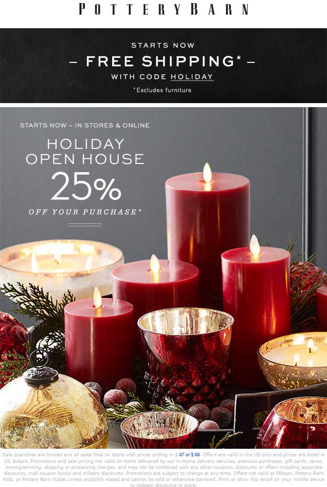 Pottery Barn Coupon April 2024 25% off at Pottery Barn, or online with free shipping via promo HOLIDAY