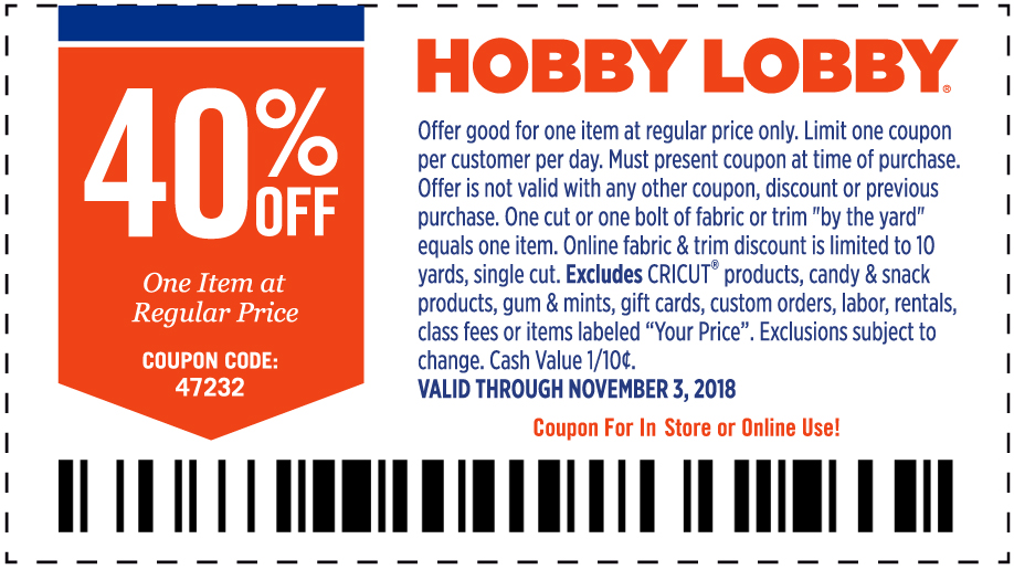 Hobby Lobby Coupon April 2024 40% off a single item at Hobby Lobby, or online via promo code 47232
