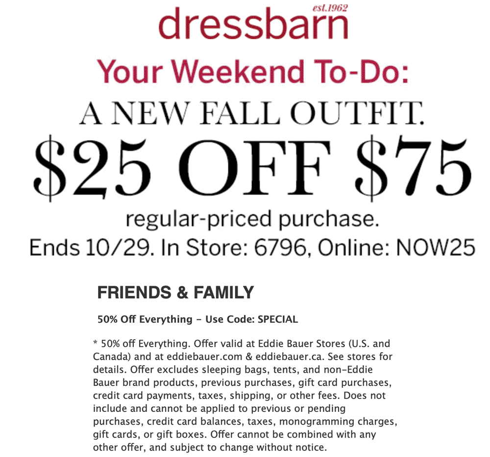 Dressbarn Coupon April 2024 $25 off $75 today at Dressbarn, or online via promo code NOW25