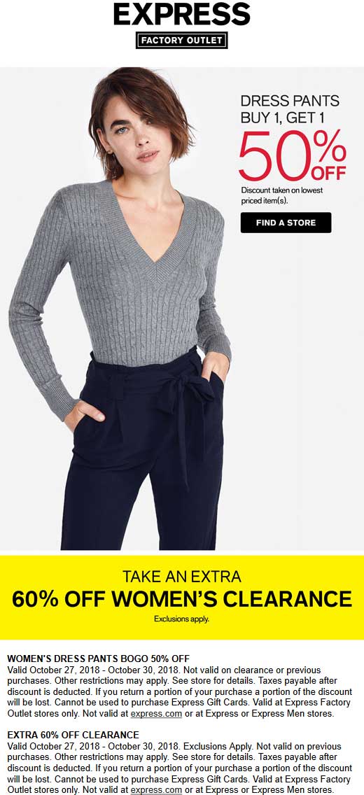 Express Factory Outlet Coupon April 2024 Extra 60% off clearance at Express Factory Outlet