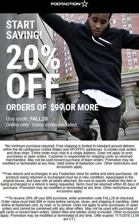 Foot Action Coupon April 2024 20% off $99 online at Foot Action via promo code FALL20