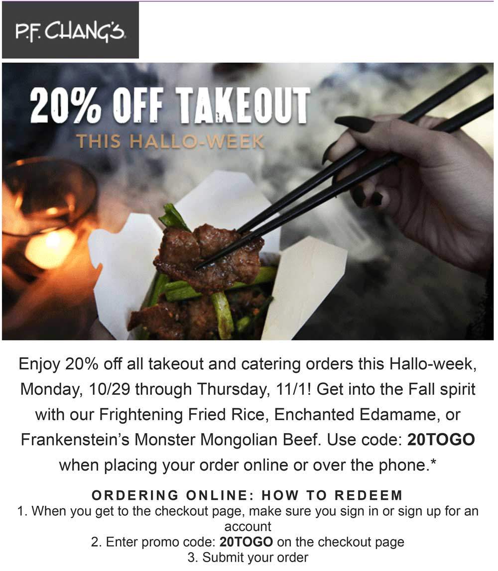 P.F. Changs Coupon April 2024 20% off takeout at P.F. Changs restaurants via promo code 20TOGO