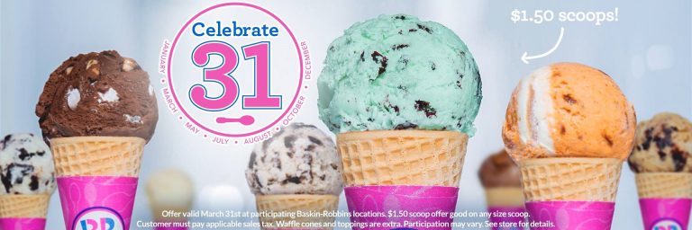 Baskin Robbins Coupon March 2024 $1.50 ice cream scoops today at Baskin Robbins