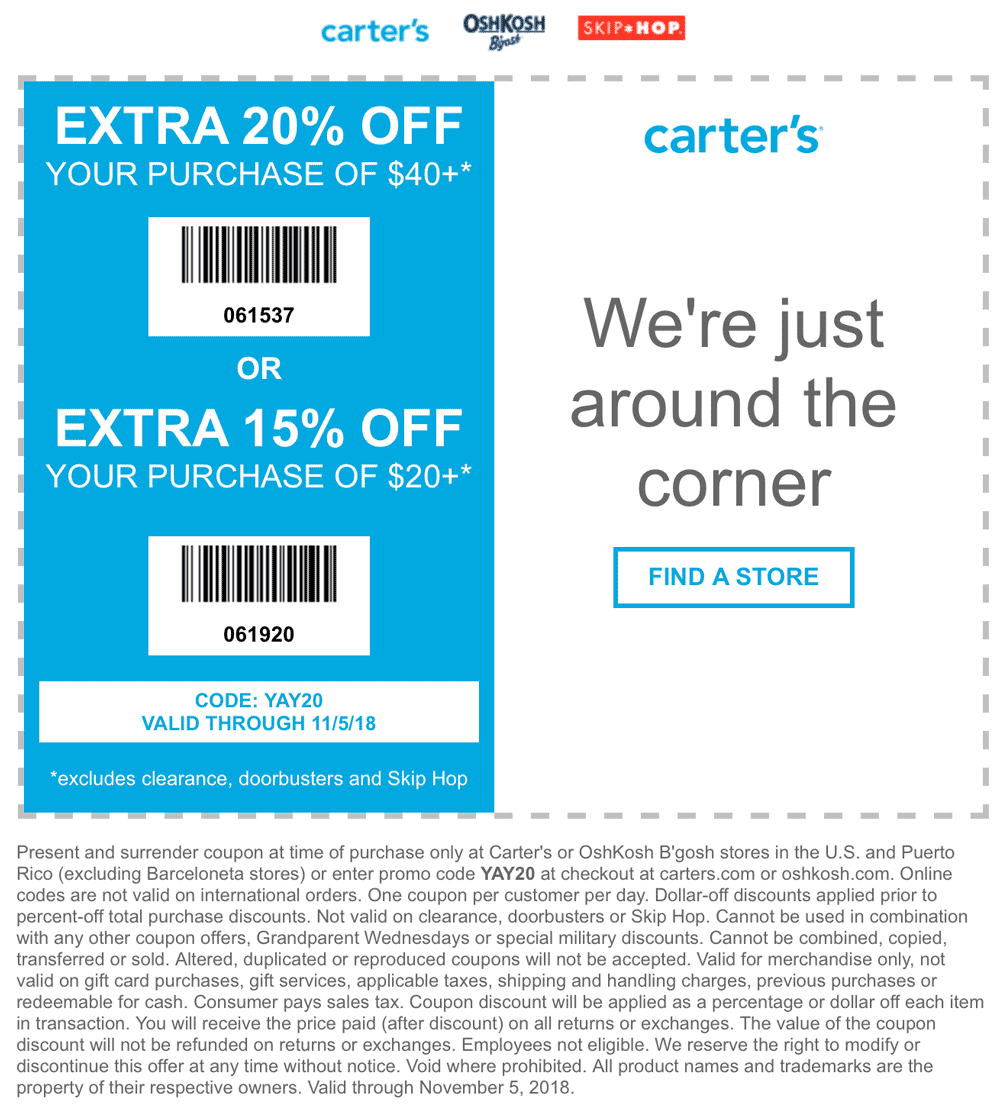 Carters Coupon April 2024 15-20% off $20+ at Carters & OshKosh Bgosh, or online via promo code YAY20