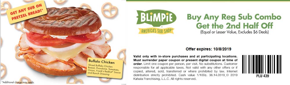 Blimpie coupons & promo code for [June 2022]