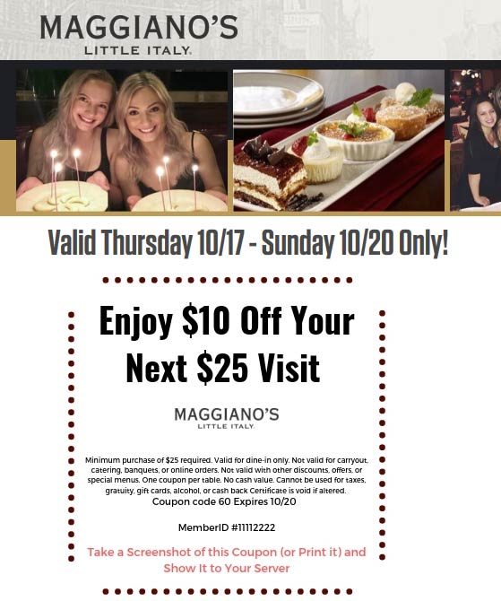 Maggianos Little Italy coupons & promo code for [January 2022]