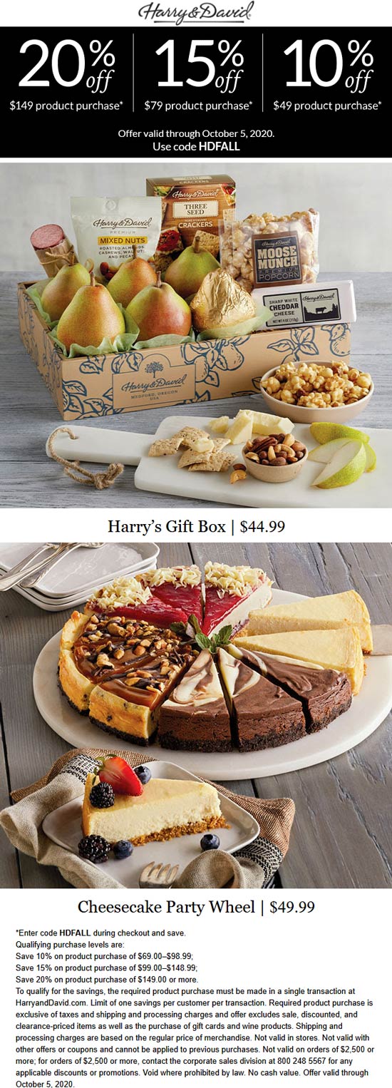 Harry & David restaurants Coupon  10-20% off $49+ at Harry & David food gifts & baskets via promo code HDFALL #harrydavid 