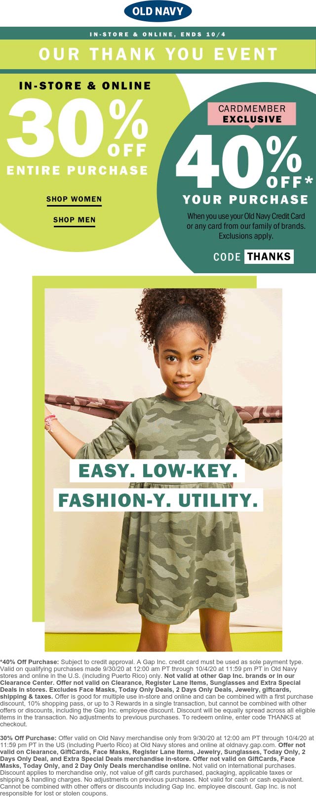 Old Navy stores Coupon  30% off everything at Old Navy, also online #oldnavy 