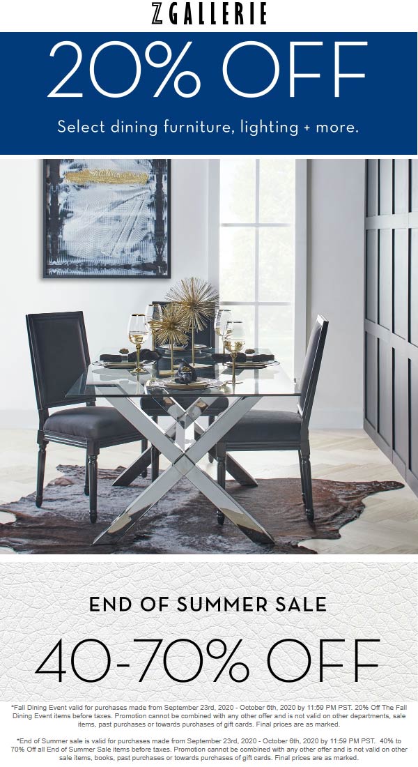 Z Gallerie stores Coupon  20% off dning furniture, lighting & more at Z Gallerie #zgallerie 