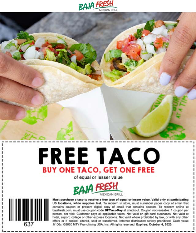Baja Fresh restaurants Coupon  Second taco free at Baja Fresh restaurants #bajafresh 