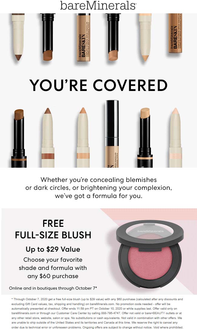 bareMinerals stores Coupon  Full-size $29 blush free with $60 spent at bareMinerals, ditto online #bareminerals 