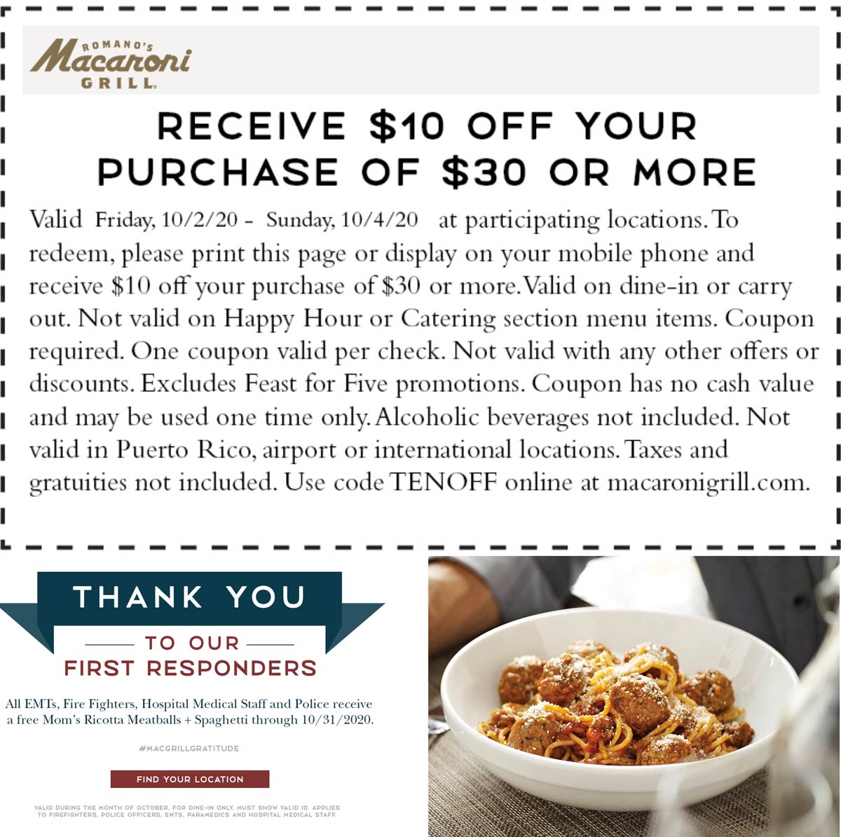 Macaroni Grill restaurants Coupon  Free meal all month for first responders & $10 off $30 at Macaroni Grill #macaronigrill 