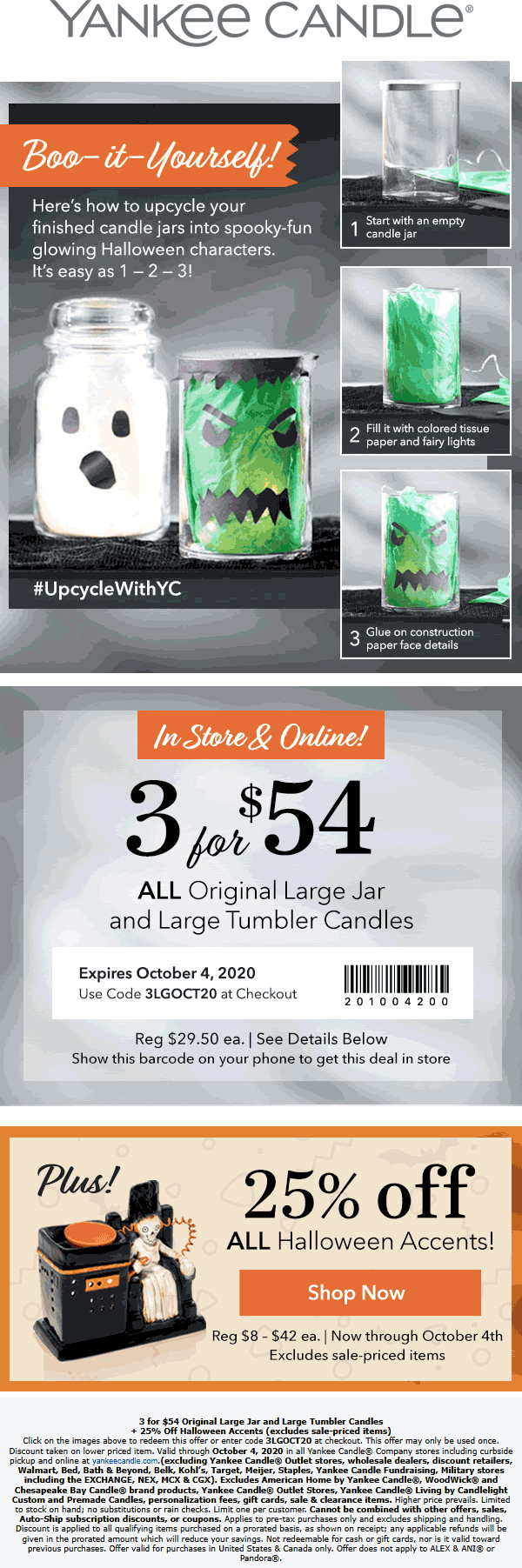 Yankee Candle stores Coupon  3 large tumbler candles for $54 at Yankee Candle, or online via promo code 3LGOCT20 #yankeecandle 