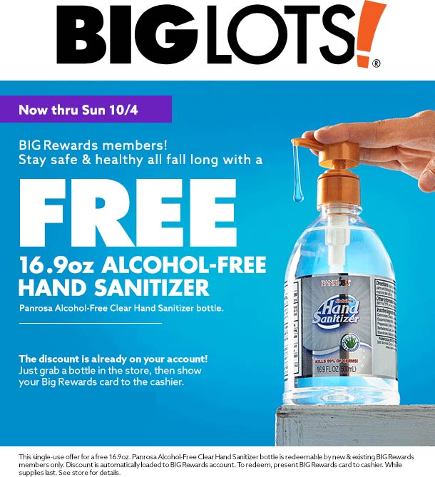 Big Lots stores Coupon  Free 16oz hand sanitizer at Big Lots #biglots 