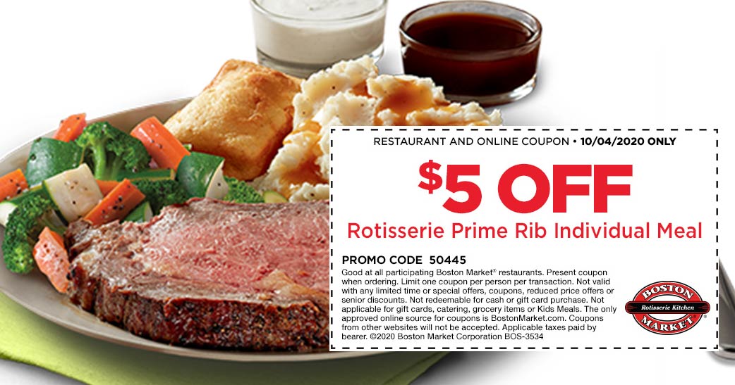 5 off rotisserie prime rib meal today at Boston Market bostonmarket