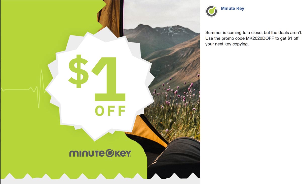 Minute Key stores Coupon  $1 off a duplicate key at Minute Key kiosks via promo code MK2020DOFF #minutekey 
