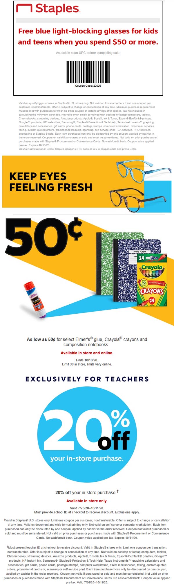 Staples stores Coupon  Free blue light glasses on $50 spent & .50 cent Crayola and Elmers glue at Staples #staples 