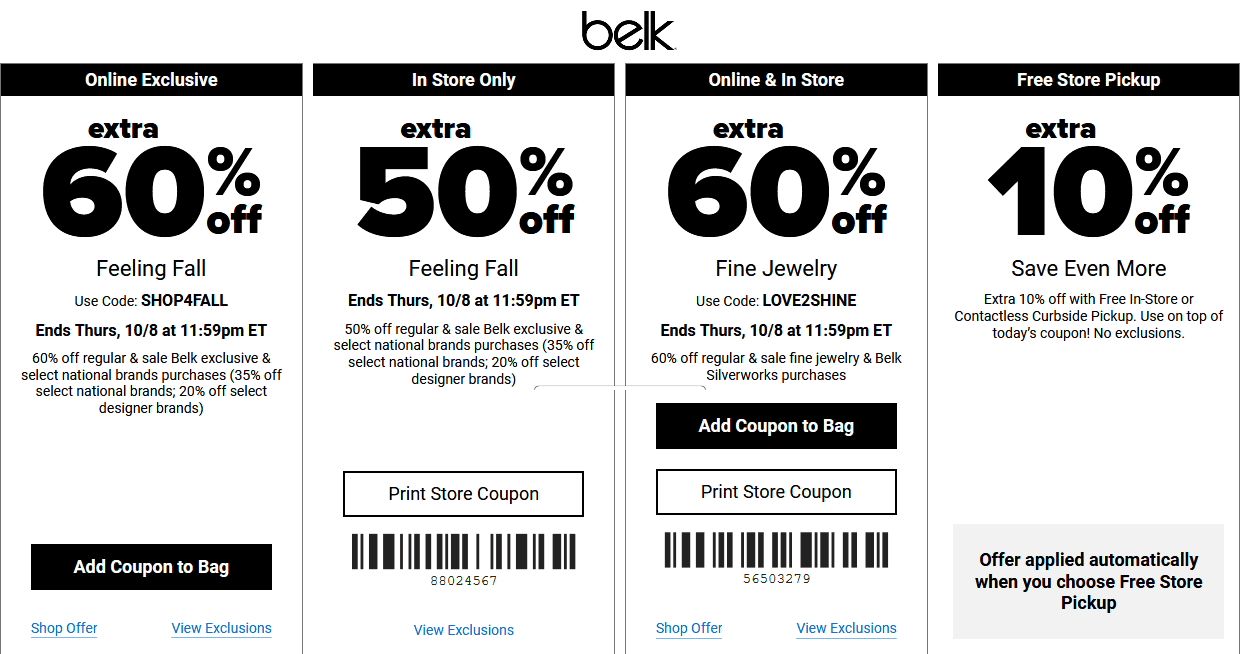 Belk stores Coupon  Extra 50% off at Belk, or 60% online via promo code SHOP4FALL #belk 