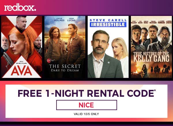 Redbox stores Coupon  Free movie rental today at Redbox via promo code NICE #redbox 