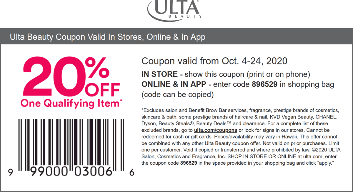 Ulta Beauty stores Coupon  20% off a single item at Ulta Beauty, or online via promo code 896529 #ultabeauty 