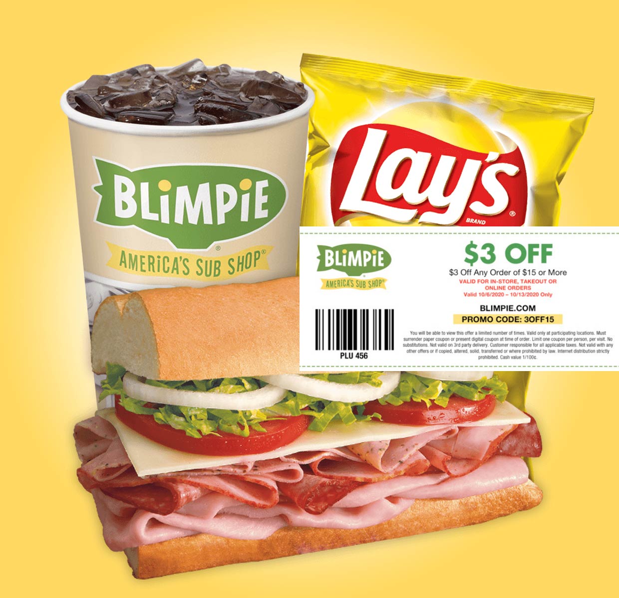 Blimpie restaurants Coupon  $3 off $15 at Blimpie sub sandwich shops, or online via promo code 3OFF15 #blimpie 