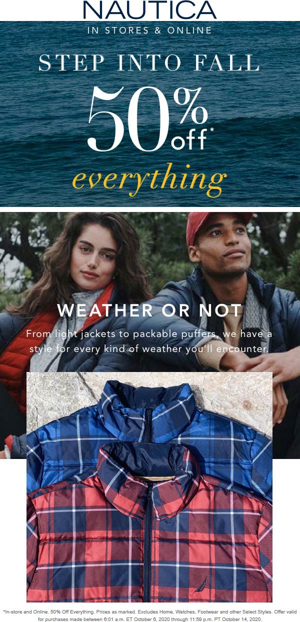Nautica stores Coupon  50% off everything at Nautica, ditto online #nautica 