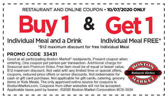 Boston Market restaurants Coupon  Second meal free today at Boston Market #bostonmarket 