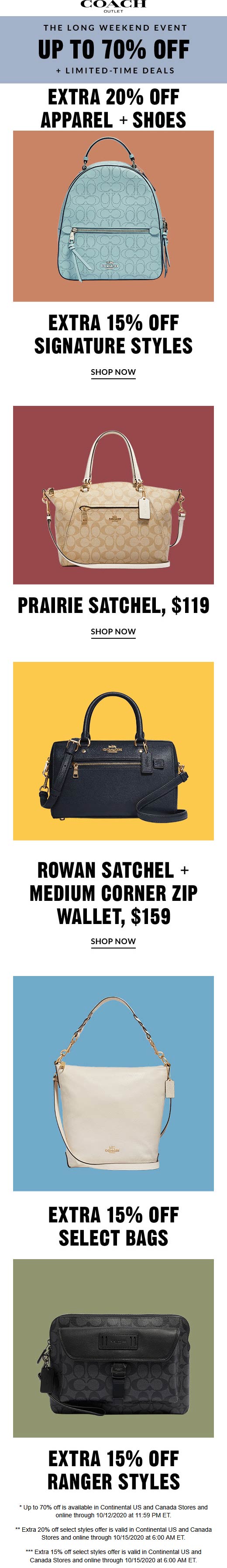 Coach Outlet stores Coupon  Extra 20% off apparel shoes & more at Coach Outlet #coachoutlet 