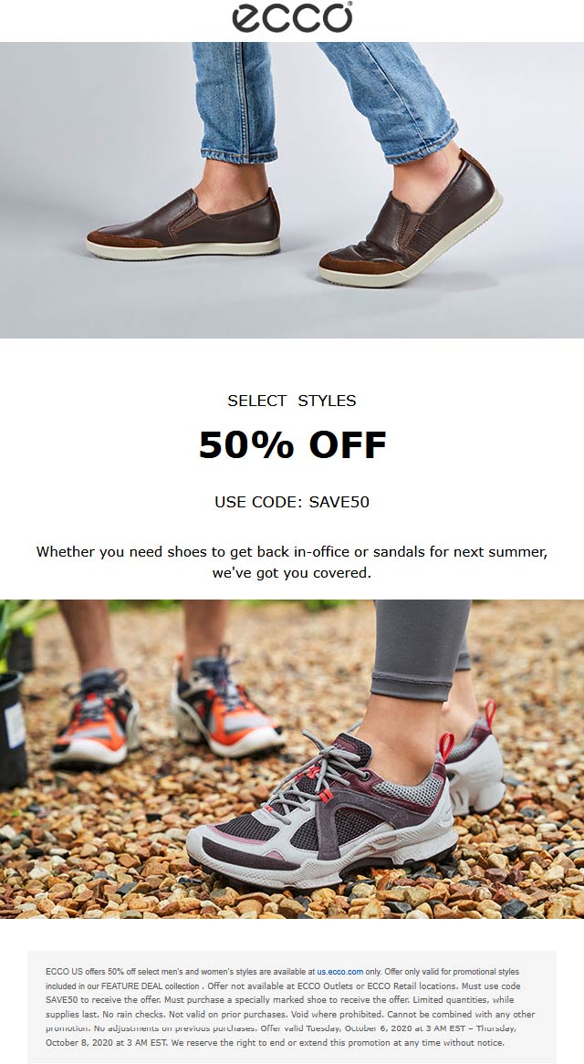 50% off today at ECCO via promo code SAVE50 #ecco | The Coupons App®