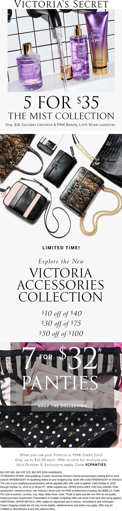 5 for 35 on mists & 1050 off 40+ on handbags and accessories at