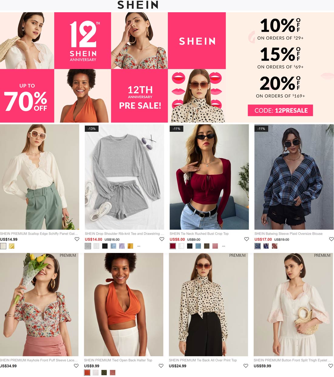 SHEIN stores Coupon  10-20% off $29+ at SHEIN via promo code 12PRESALE #shein 
