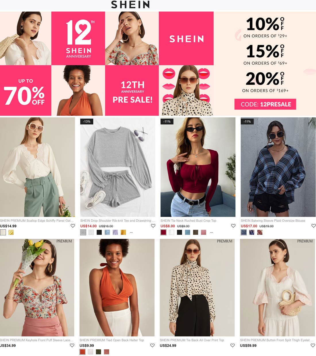 [March, 2021] 1020 off 29+ at SHEIN via promo code 12PRESALE shein