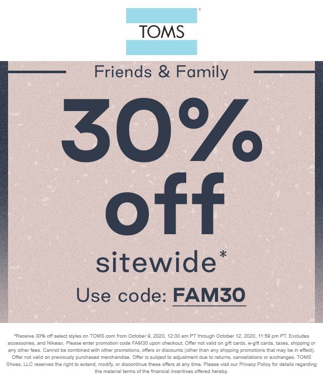 TOMS stores Coupon  30% off everything at TOMS via promo code FAM30 #toms 