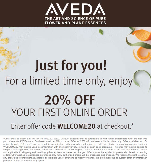 AVEDA stores Coupon  20% off online at AVEDA cosmetics via promo code WELCOME20 #aveda 