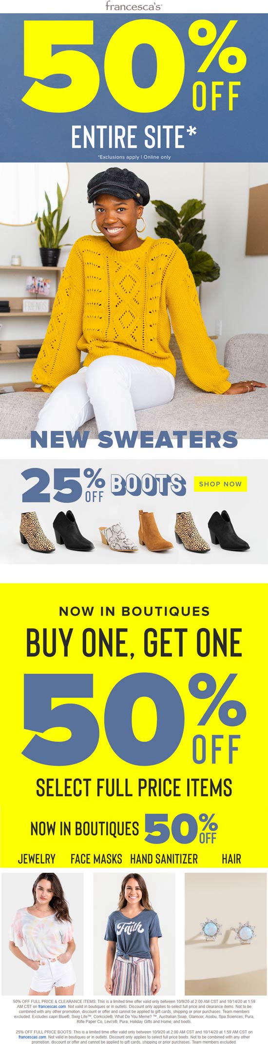 Francescas stores Coupon  Second item 50% off at Francescas, and 50% off everything online #francescas 