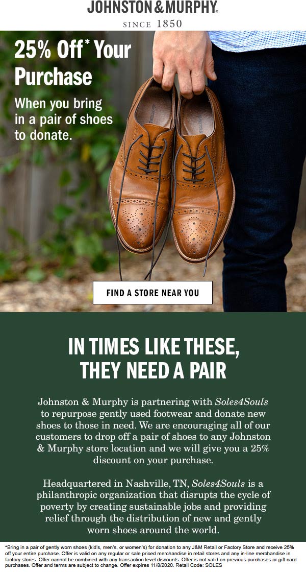 Johnston & Murphy stores Coupon  25% off with shoes trade-in at Johnston & Murphy #johnstonmurphy 