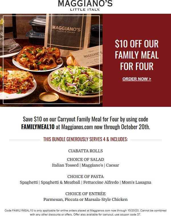 Maggianos Little Italy restaurants Coupon  $10 off carryout family meal at Maggianos Little Italy via promo code FAMILYMEAL10 #maggianoslittleitaly 