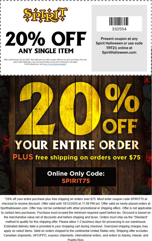 Spirit Halloween stores Coupon  20% off a single item at Spirit Halloween, or everything online via promo code SPIRIT75 #spirithalloween 