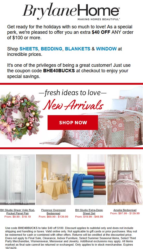Brylane Home stores Coupon  $40 off $100 at Brylane Home via promo code BHE40BUCKS #brylanehome 