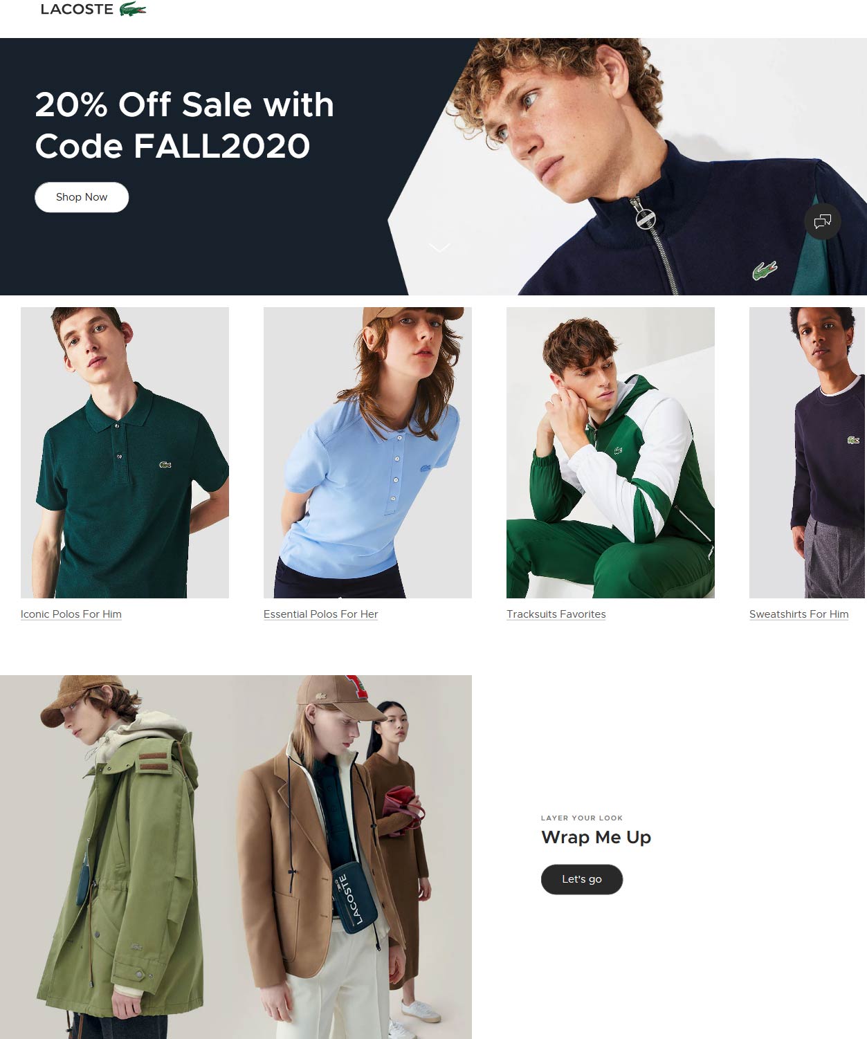 LACOSTE stores Coupon  20% off sale items at LACOSTE via promo code FALL2020 #lacoste 