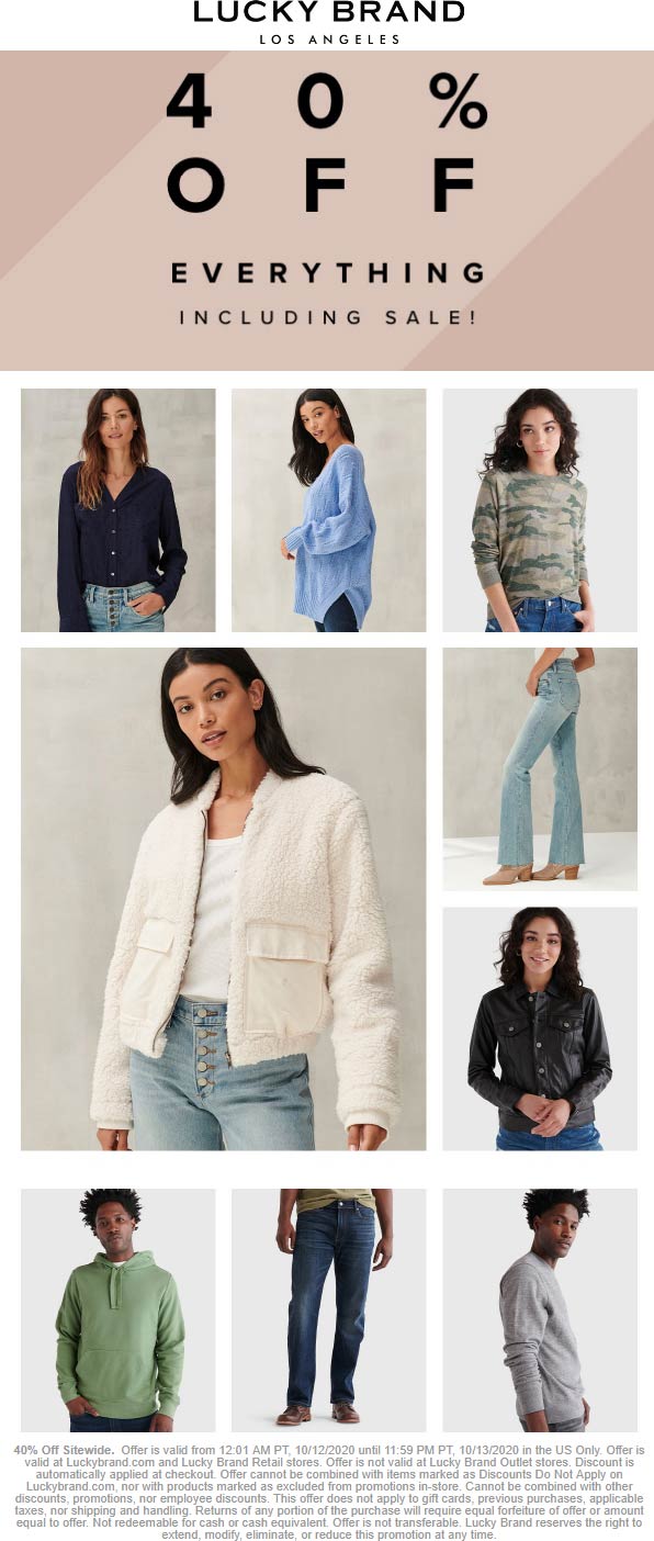Lucky Brand stores Coupon  40% off everything online at Lucky Brand #luckybrand 