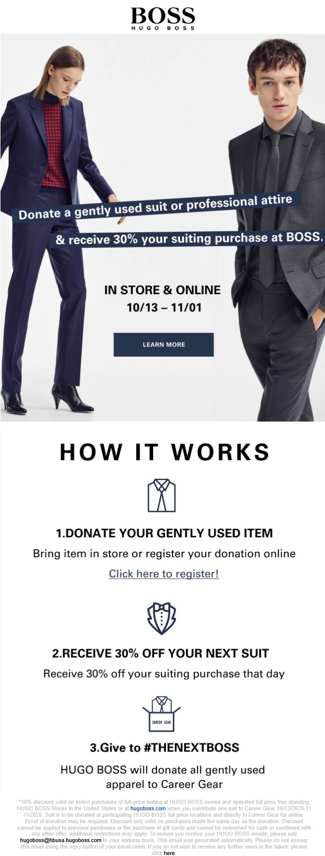 HUGO BOSS stores Coupon  30% off your suit with donated professional attire at HUGO BOSS, ditto online #hugoboss 